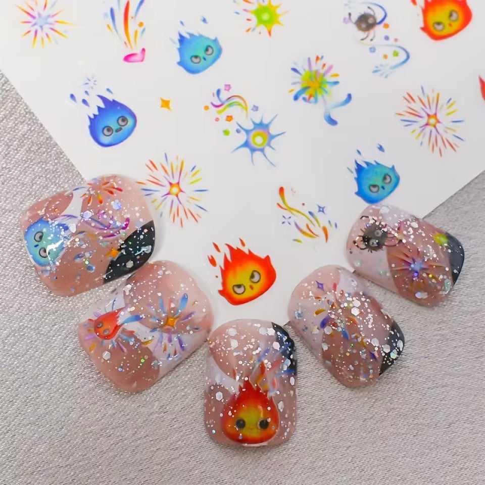 des stickers pour un nail art explosif, coloré et mignon. Avec un design Calcifer, ils ajoutent une touche de magie. Pratiques et faciles à utiliser, ils rappellent le film du Studio Ghibli.