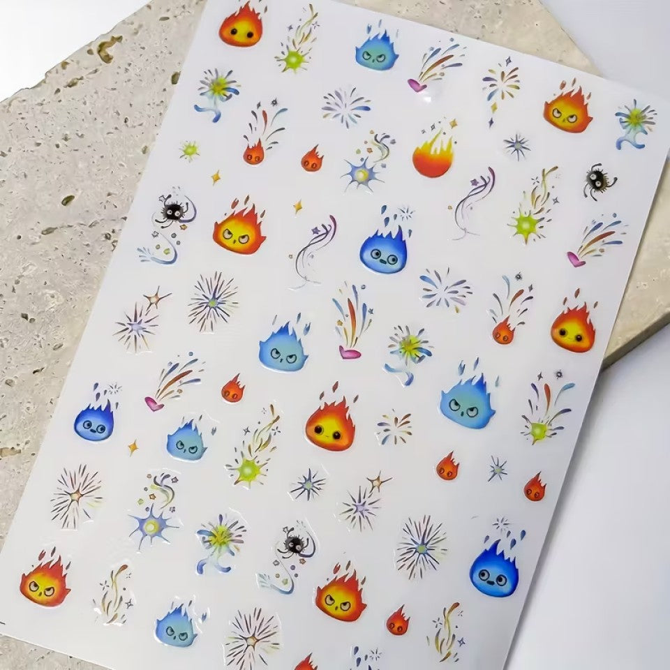 des stickers pour un nail art explosif, coloré et mignon. Avec un design Calcifer, ils ajoutent une touche de magie. Pratiques et faciles à utiliser, ils rappellent le film du Studio Ghibli.
