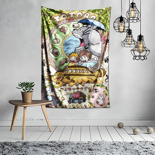 un drapeau décoratif inspiré de Totoro et de ses amis. On y retrouve le chat bus, Mei et Satsuki. On retrouve tous les éléments du film mon voisin totoro