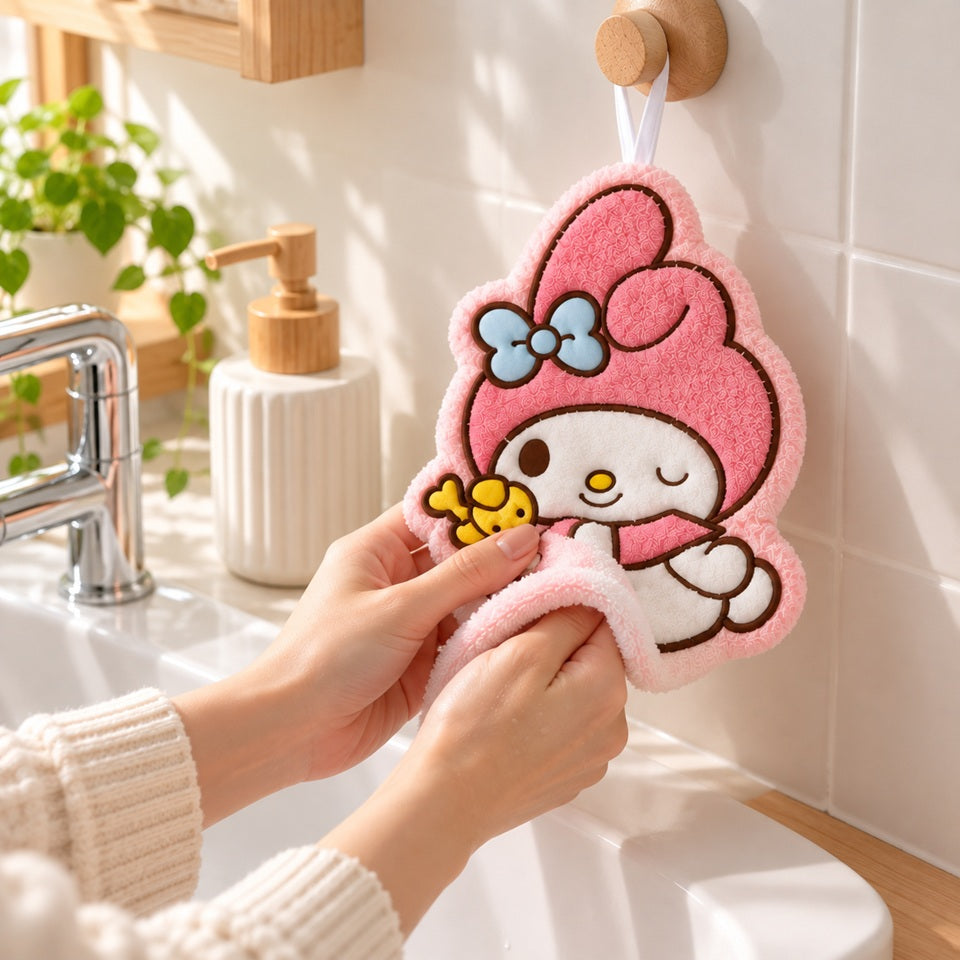 Essuie-mains kawaii My Melody rose accroché près d’un lavabo, utilisé par une femme pour se sécher les mains dans une salle de bain lumineuse.