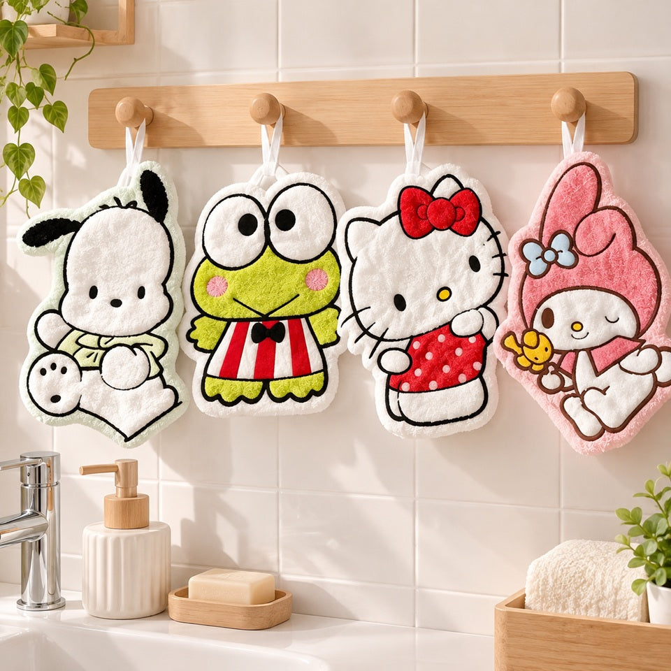 Essuie-mains kawaii Sanrio avec Pochacco, Keroppi, Hello Kitty et My Melody, suspendus dans une salle de bain lumineuse et chaleureuse.