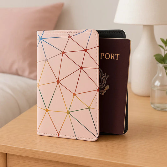 un étui au motif de lignes géométriques néon et multicolores pour y ranger le passeport. il protège votre document et ajoute une touche stylé.