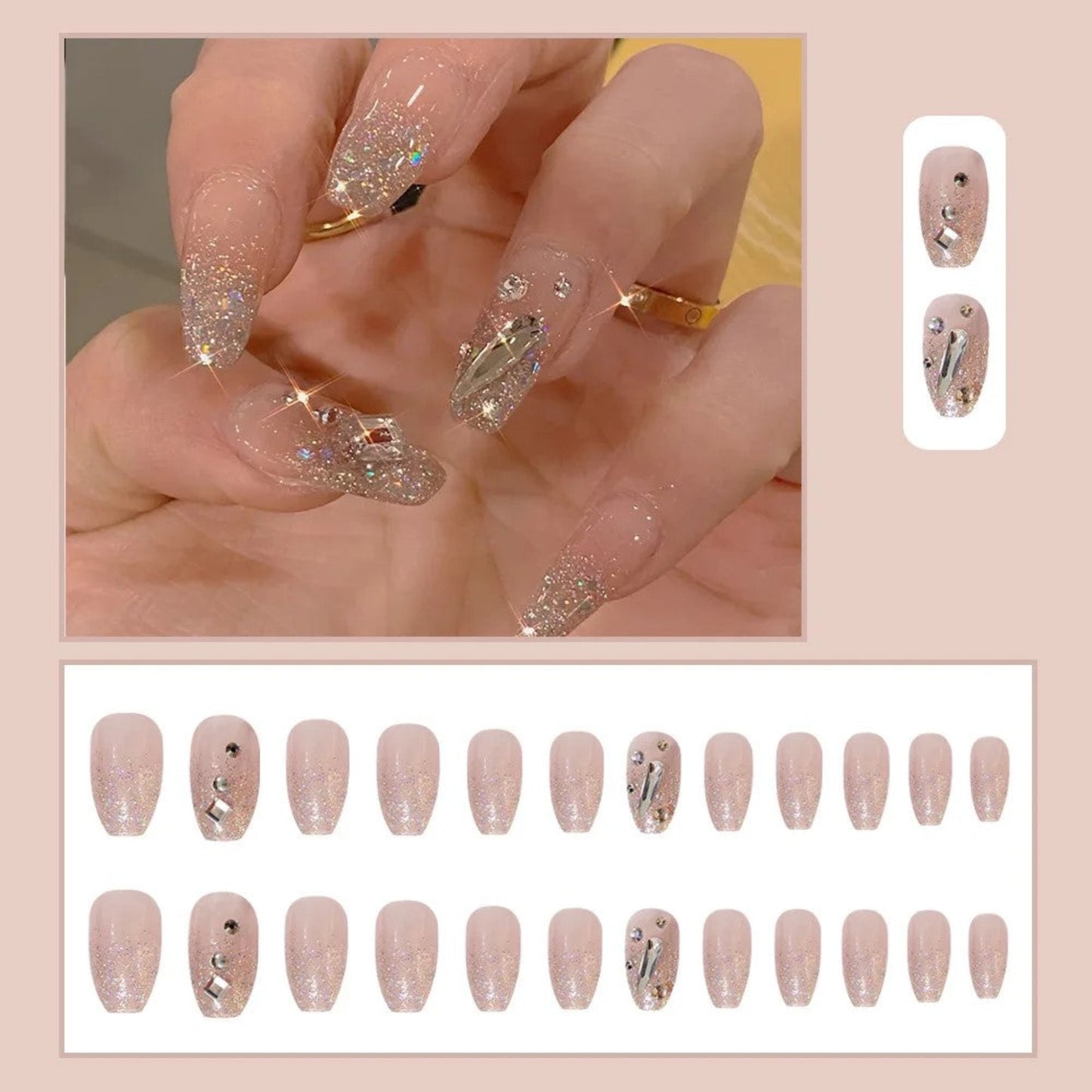 Faux ongles rose nude pailleté et strass