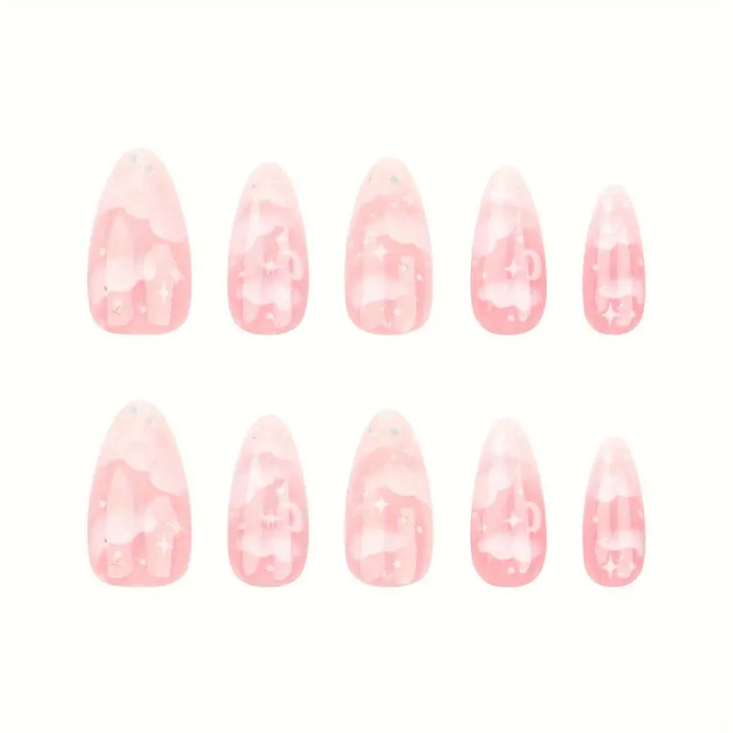 Faux ongles press on nails rose et nuages blancs