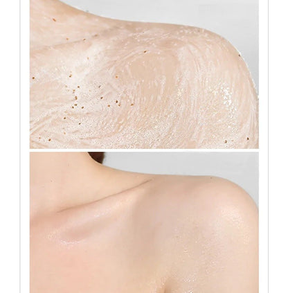 un gommage pour le corps à la pêche. Avec ses grains, il exfolie en douceur la peau tout en l'hydratant.