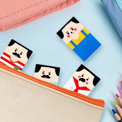 Des gommes de forme rectangulaire représentant des monsieur moustachus aux cheveux noirs. Au fur et à mesure des utilisations, le monsieur devient chauve ! Ludique, amusante à utiliser !
