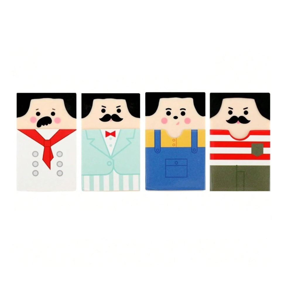 Des gommes de forme rectangulaire représentant des monsieur moustachus aux cheveux noirs. Au fur et à mesure des utilisations, le monsieur devient chauve ! Ludique, amusante à utiliser !