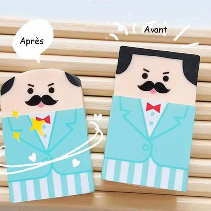 Des gommes de forme rectangulaire représentant des monsieur moustachus aux cheveux noirs. Au fur et à mesure des utilisations, le monsieur devient chauve ! Ludique, amusante à utiliser !