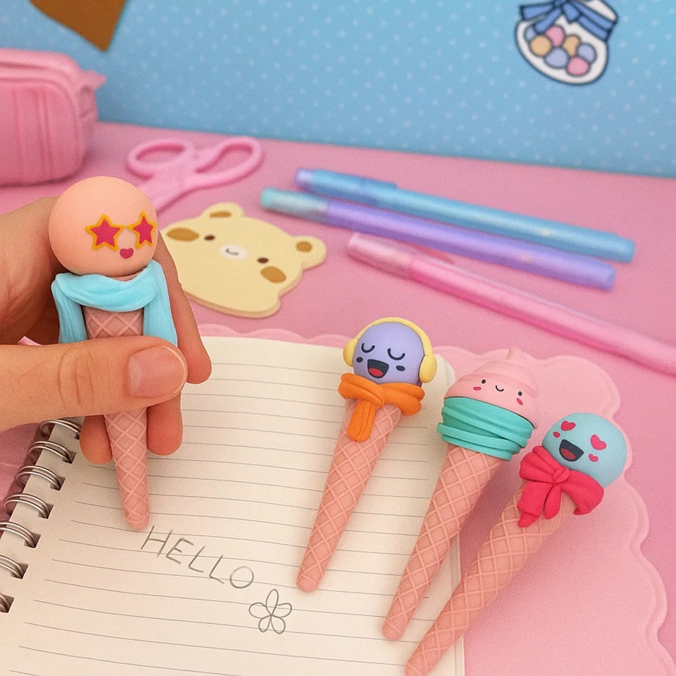 des gommes au look kawaii et super mignon. Les boules de glaces se transforment en personnage kawaii avec des expressions et écharpe comme si elles avaient froid. Le design est kawaii à souhait.