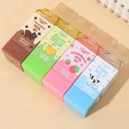 d'adorables gommes en forme de briquette de lait parfumé au chocolat, à la banane, à la fraise ou nature. Elles sont adorables, leur packaging est original et ludique, elles possèdent un étui en plastique.