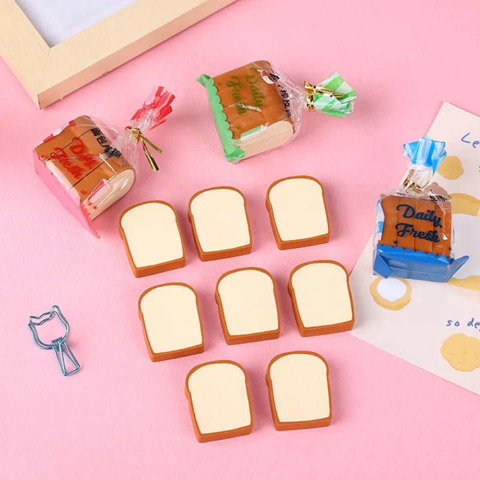 Ces gommes en forme de tranches de pain de mie sont ultra réalistes ! Enfermées dans un sachet, on pourrait les confondre avec un vrai pain de mie tranché. Rigolo et amusant !