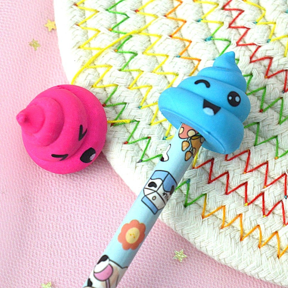 des gommes en forme de crottes colorées trop mignonnes qui possèdent une expression kawaii adorable et amusante