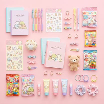 Exemples d'articles kawaii contenus dans le lucky bag – papeterie, bijoux, peluches et surprises japonaises