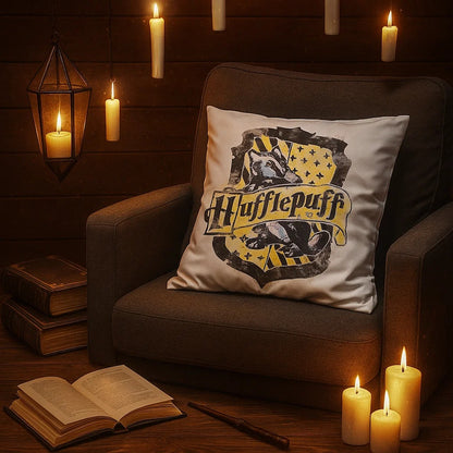 des housses de coussin en polyester des blasons des quatre maisons de Poudlard, tirées de la saga Harry Potter. Gryffondor, Poufsouffle,Serdaigle et Serpentard. Leur blason est coloré et sur un fond blanc pour faire ressortir leurs caractéristiques.