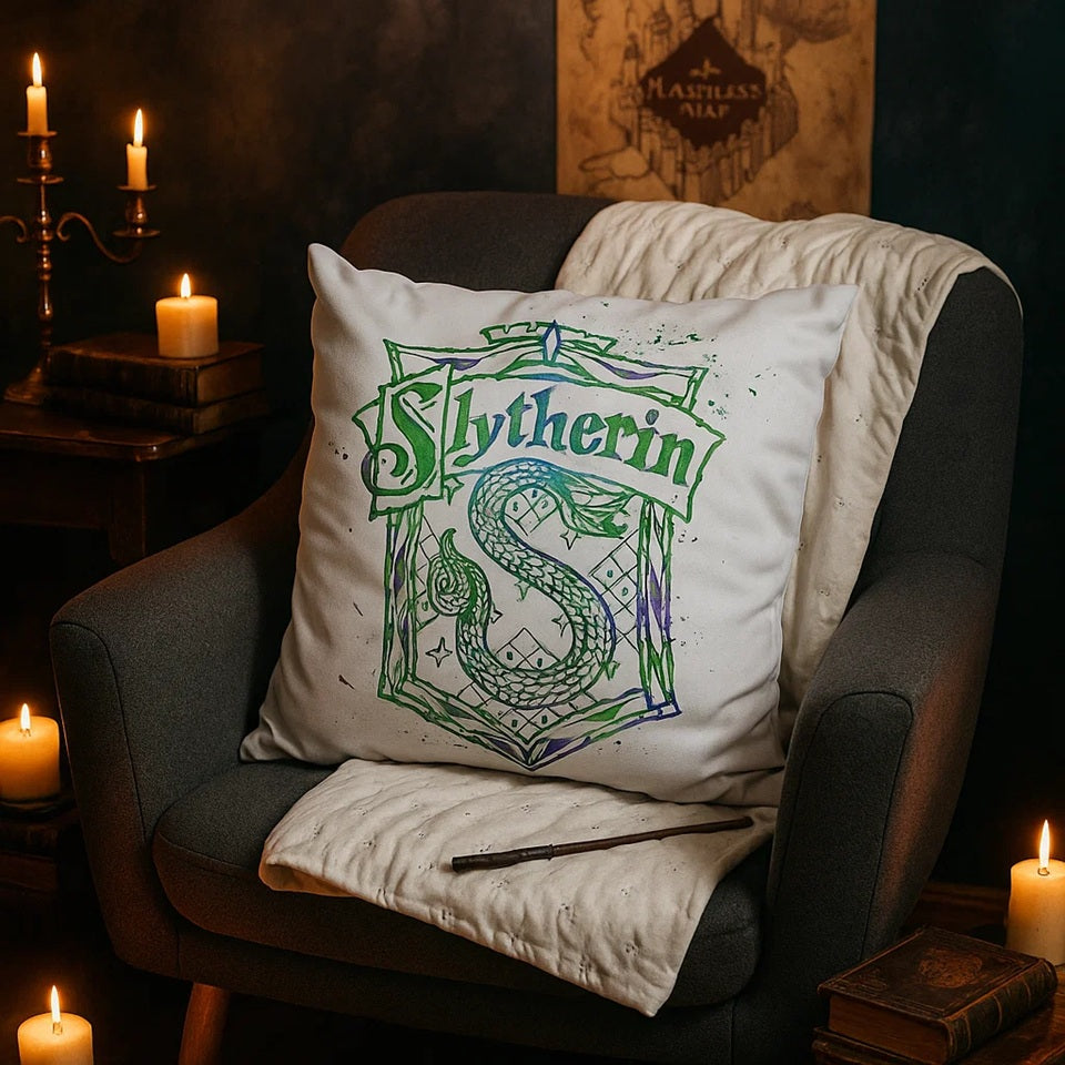 des housses de coussin en polyester des blasons des quatre maisons de Poudlard, tirées de la saga Harry Potter. Gryffondor, Poufsouffle,Serdaigle et Serpentard. Leur blason est coloré et sur un fond blanc pour faire ressortir leurs caractéristiques.