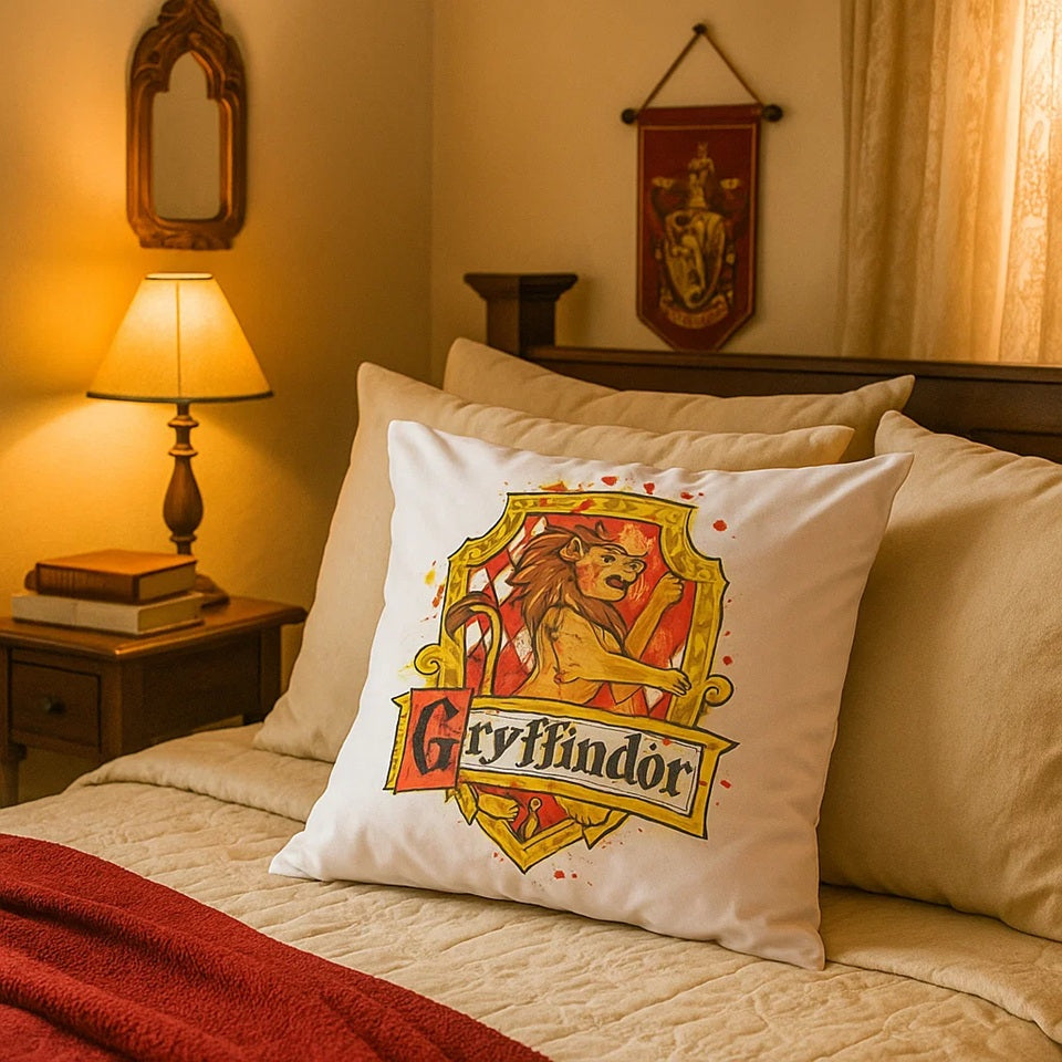 des housses de coussin en polyester des blasons des quatre maisons de Poudlard, tirées de la saga Harry Potter. Gryffondor, Poufsouffle,Serdaigle et Serpentard. Leur blason est coloré et sur un fond blanc pour faire ressortir leurs caractéristiques.