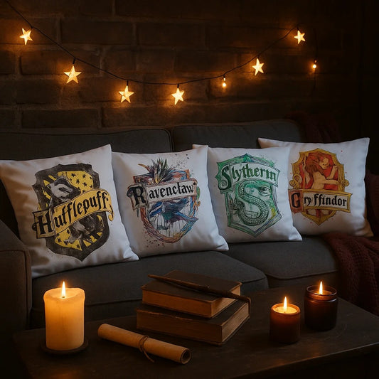 des housses de coussin en polyester des blasons des quatre maisons de Poudlard, tirées de la saga Harry Potter. Gryffondor, Poufsouffle,Serdaigle et Serpentard. Leur blason est coloré et sur un fond blanc pour faire ressortir leurs caractéristiques.
