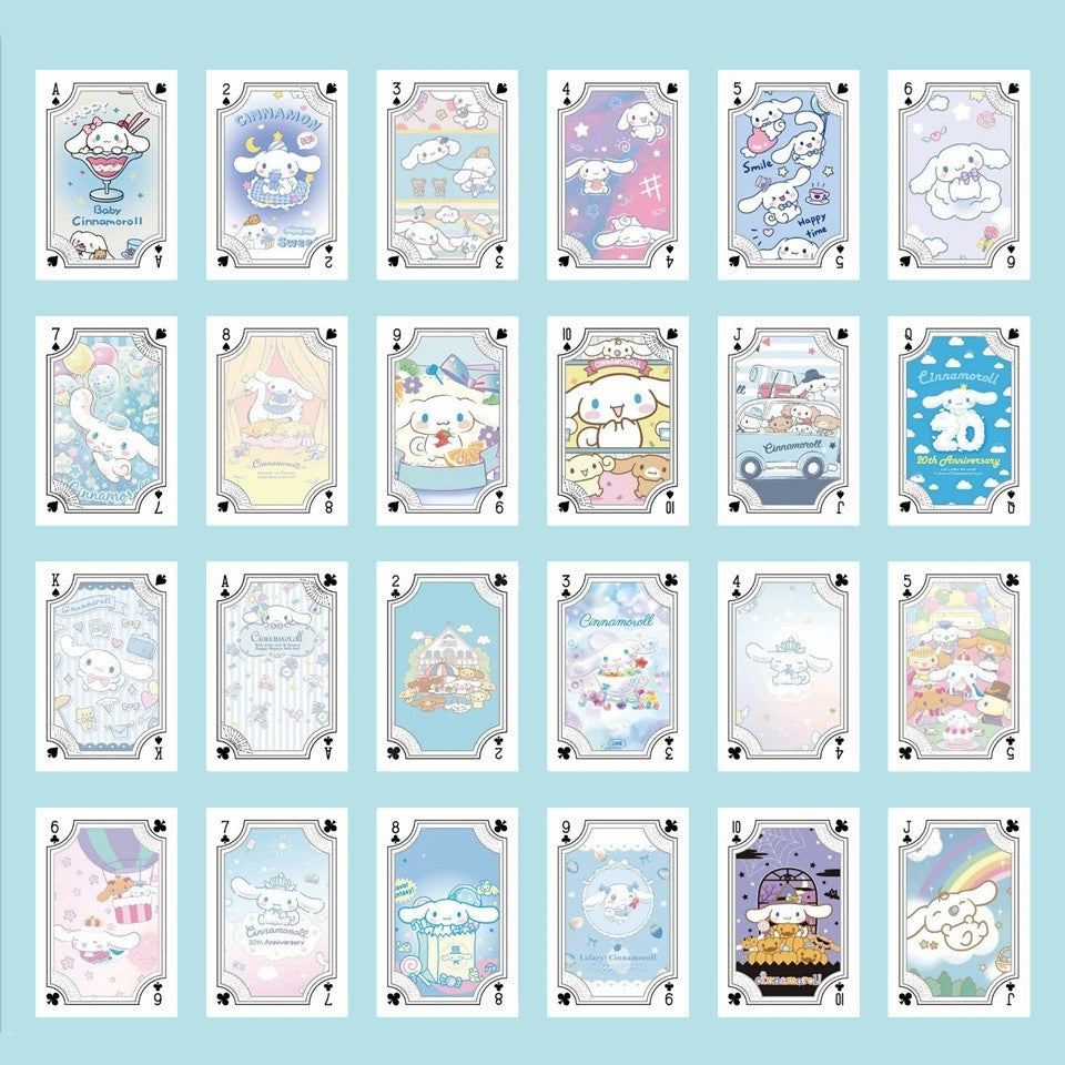un jeu de 54 cartes à jouer illustré des personnages De Sanrio : Kuromi, My Melody, Cinnamoroll et tous leurs amis.
Parfaites pour passer un agréable moment en famille ou entre amis dans la douceur !