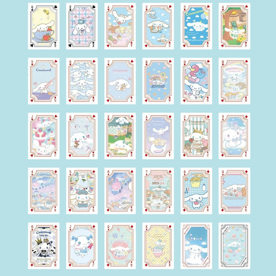 un jeu de 54 cartes à jouer illustré des personnages De Sanrio : Kuromi, My Melody, Cinnamoroll et tous leurs amis.
Parfaites pour passer un agréable moment en famille ou entre amis dans la douceur !