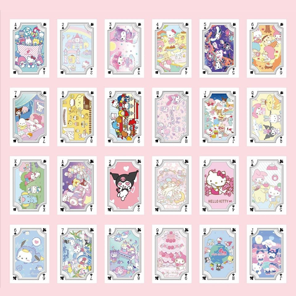 un jeu de 54 cartes à jouer illustré des personnages De Sanrio : Kuromi, My Melody, Cinnamoroll et tous leurs amis.
Parfaites pour passer un agréable moment en famille ou entre amis dans la douceur !