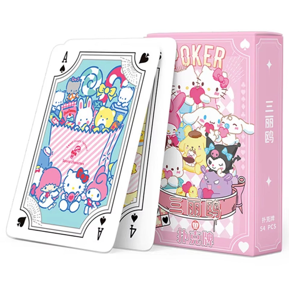un jeu de 54 cartes à jouer illustré des personnages De Sanrio : Kuromi, My Melody, Cinnamoroll et tous leurs amis.
Parfaites pour passer un agréable moment en famille ou entre amis dans la douceur !