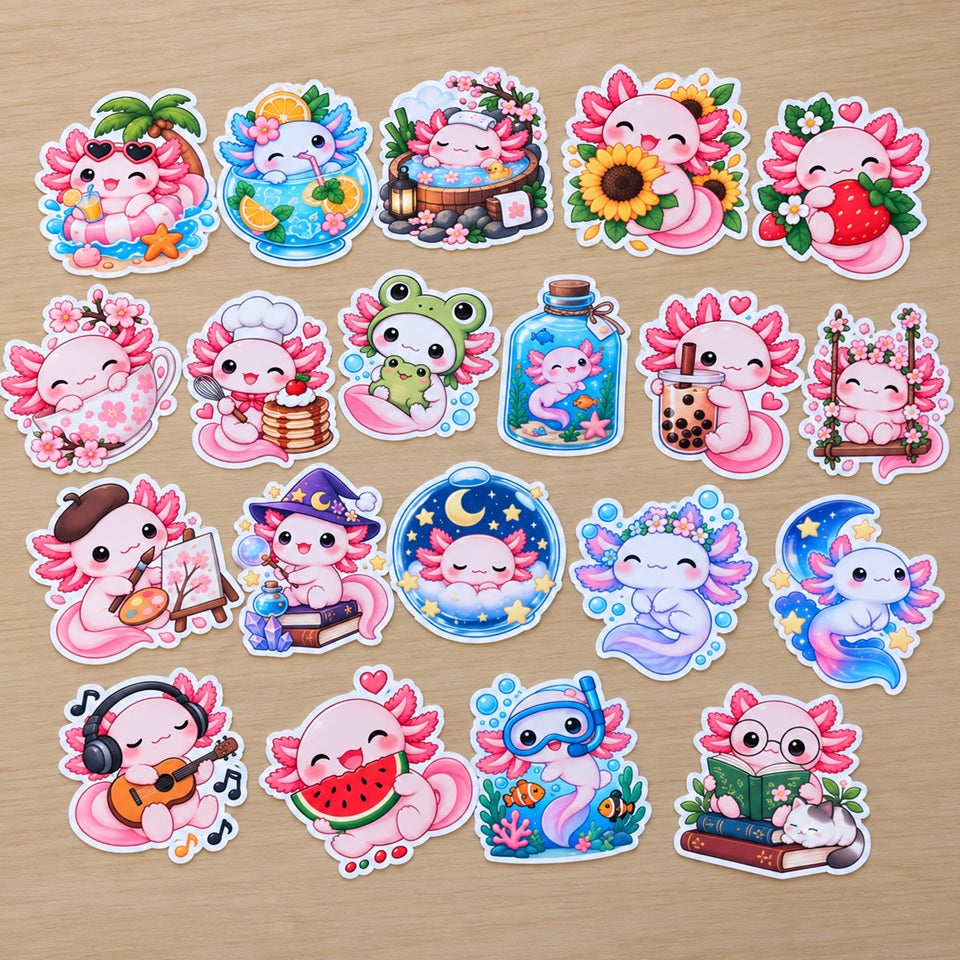 Lot de 20 stickers kawaii axolotl aux couleurs pastel, avec des illustrations mignonnes et variées : fleurs, fruits, magie, musique et univers marin. Stickers décoratifs découpés avec contour blanc, parfaits pour personnaliser carnets, agendas et journaux.
