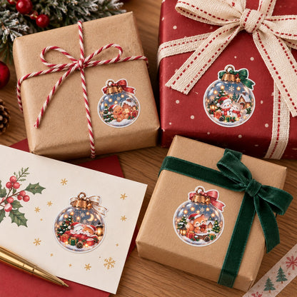 Petits stickers kawaii de Noël en forme de boules de sapin, collés sur des paquets cadeaux et une carte de vœux. Illustrations adorables de bonhomme en pain d'épice, chats et animaux en bonnet de Noël, entourés de sapins enneigés et cadeaux. Autocollants festifs parfaits pour personnaliser emballages cadeaux, cartes et créations DIY.