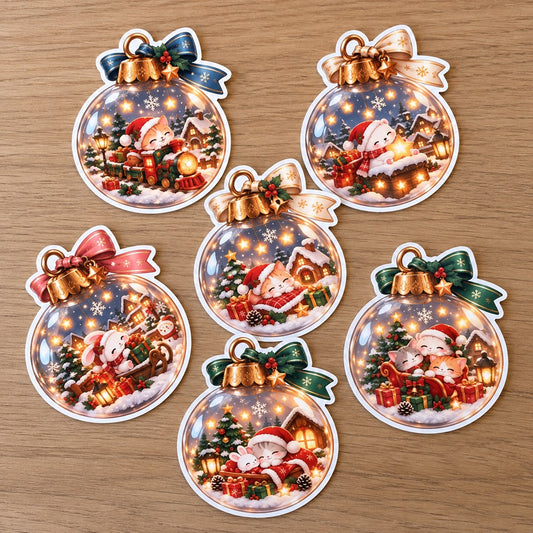 Lot de 6 stickers kawaii de Noël en forme de boules de sapin, illustrés de chats et lapins adorables avec bonnets de Noël, petit train, traîneau, cadeaux et villages enneigés. Autocollants festifs aux rubans colorés, parfaits pour décorer cartes de vœux, emballages cadeaux, carnets et créations DIY.