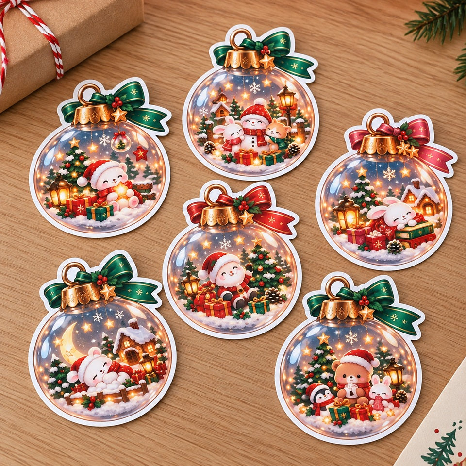 Lot de 6 stickers kawaii de Noël en forme de boules de sapin, illustrés d'adorables animaux avec bonnets de Noël, lapins, ourson et bonhomme de neige, entourés de cadeaux, sapins enneigés et maisons illuminées. Autocollants festifs aux jolis rubans colorés, parfaits pour décorer cartes de vœux, paquets cadeaux, carnets et créations DIY.