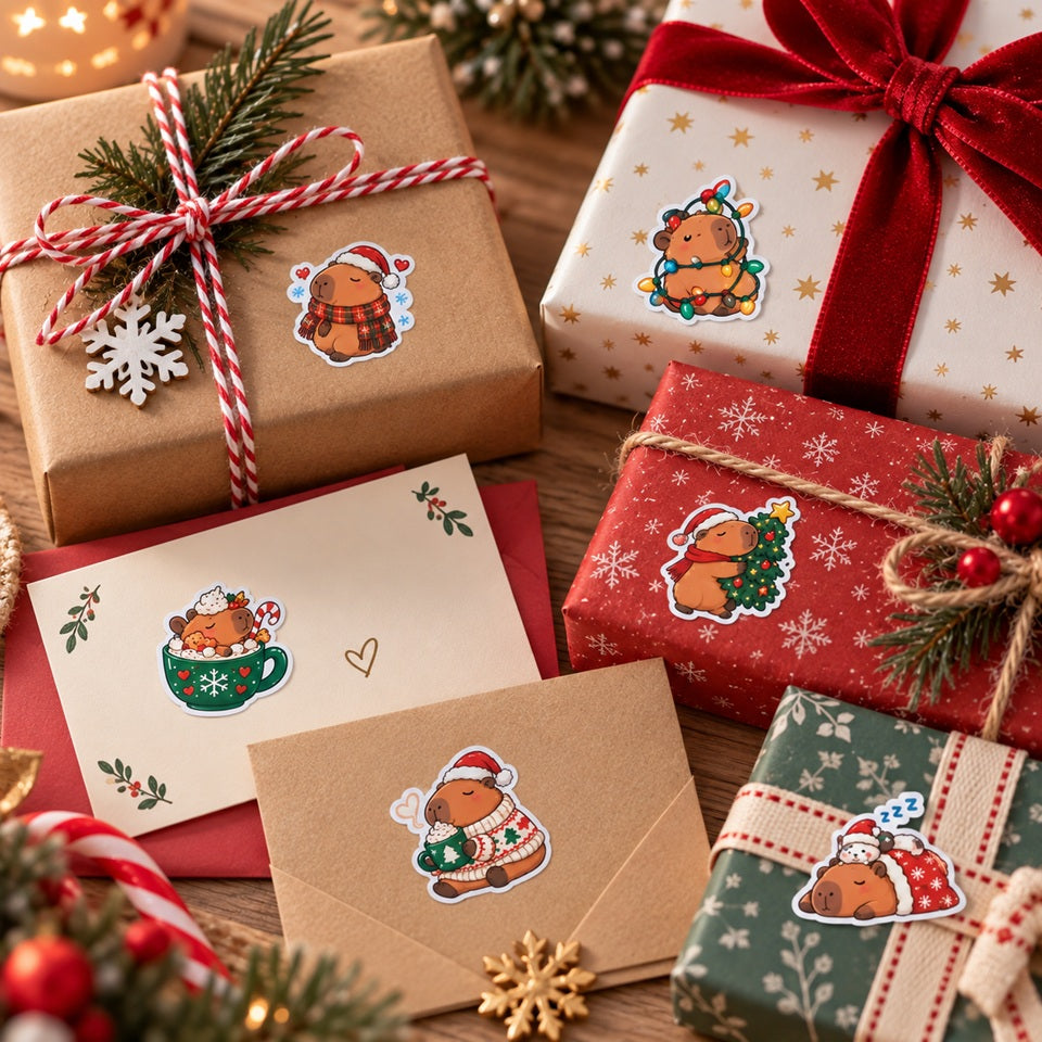Stickers capybara de Noël kawaii collés sur des paquets cadeaux et cartes, avec bonnets, sapins, guirlandes et boissons chaudes dans une ambiance festive.