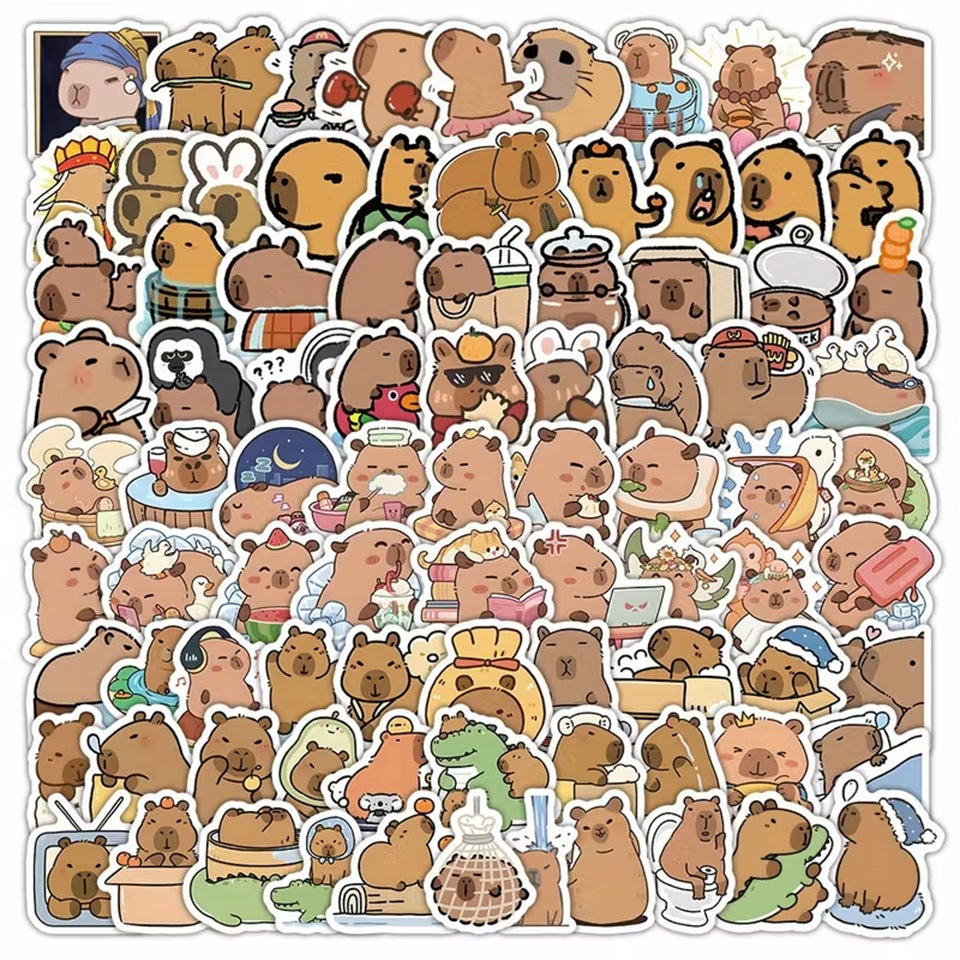 un lot de 20 stickers inspiré des capybaras. Idéal pour le scrapbooking, ils sont adorablement représentés dans des situations de la vie quotidienne drôles et amusantes.
