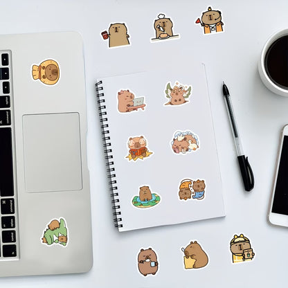 un lot de 20 stickers inspiré des capybaras. Idéal pour le scrapbooking, ils sont adorablement représentés dans des situations de la vie quotidienne drôles et amusantes.