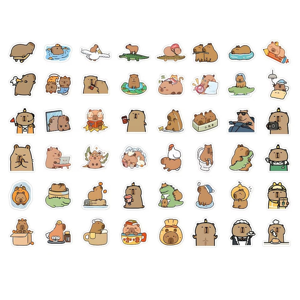 un lot de 20 stickers inspiré des capybaras. Idéal pour le scrapbooking, ils sont adorablement représentés dans des situations de la vie quotidienne drôles et amusantes.