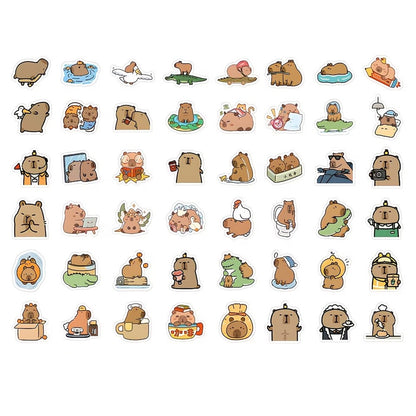 un lot de 20 stickers inspiré des capybaras. Idéal pour le scrapbooking, ils sont adorablement représentés dans des situations de la vie quotidienne drôles et amusantes.
