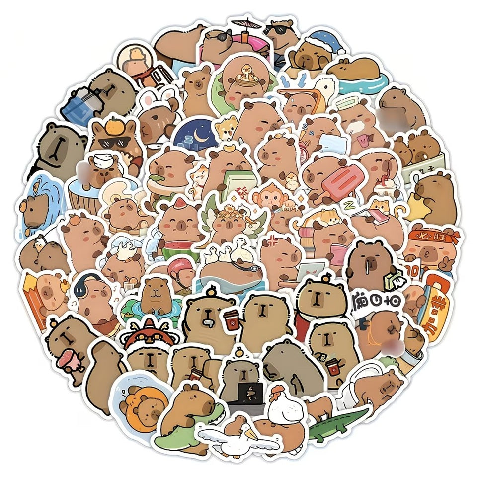un lot de 20 stickers inspiré des capybaras. Idéal pour le scrapbooking, ils sont adorablement représentés dans des situations de la vie quotidienne drôles et amusantes.
