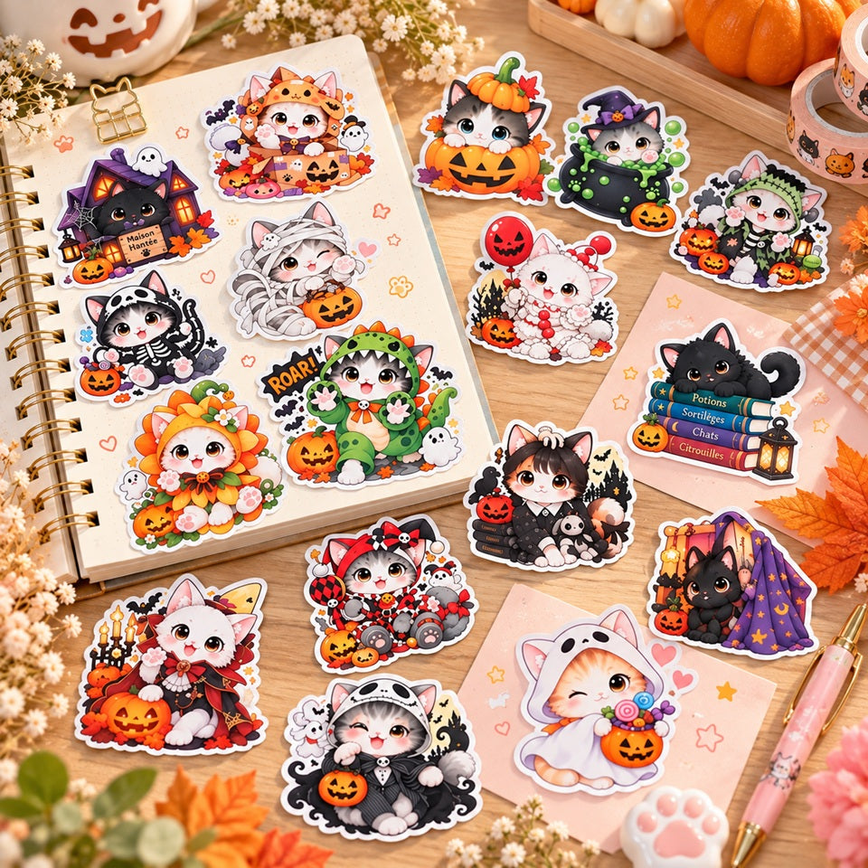 Stickers chats kawaii sur le thème Halloween, avec costumes de sorcière, fantôme, squelette et momie, décorant un carnet et des cartes dans un joli décor automnal.