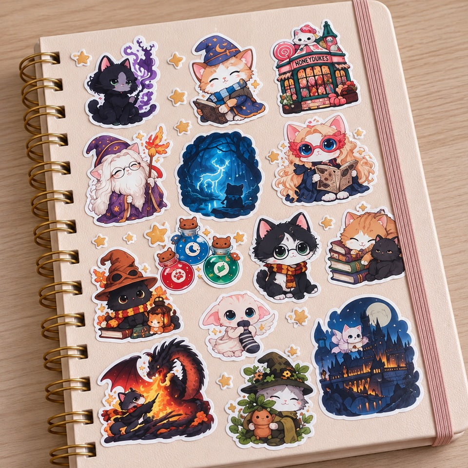 lot de stickers kawaii de chat dans l'univers de Harry Potter. Magie, sorciers, créatures fantastiques, c'est un univers mystérieux.