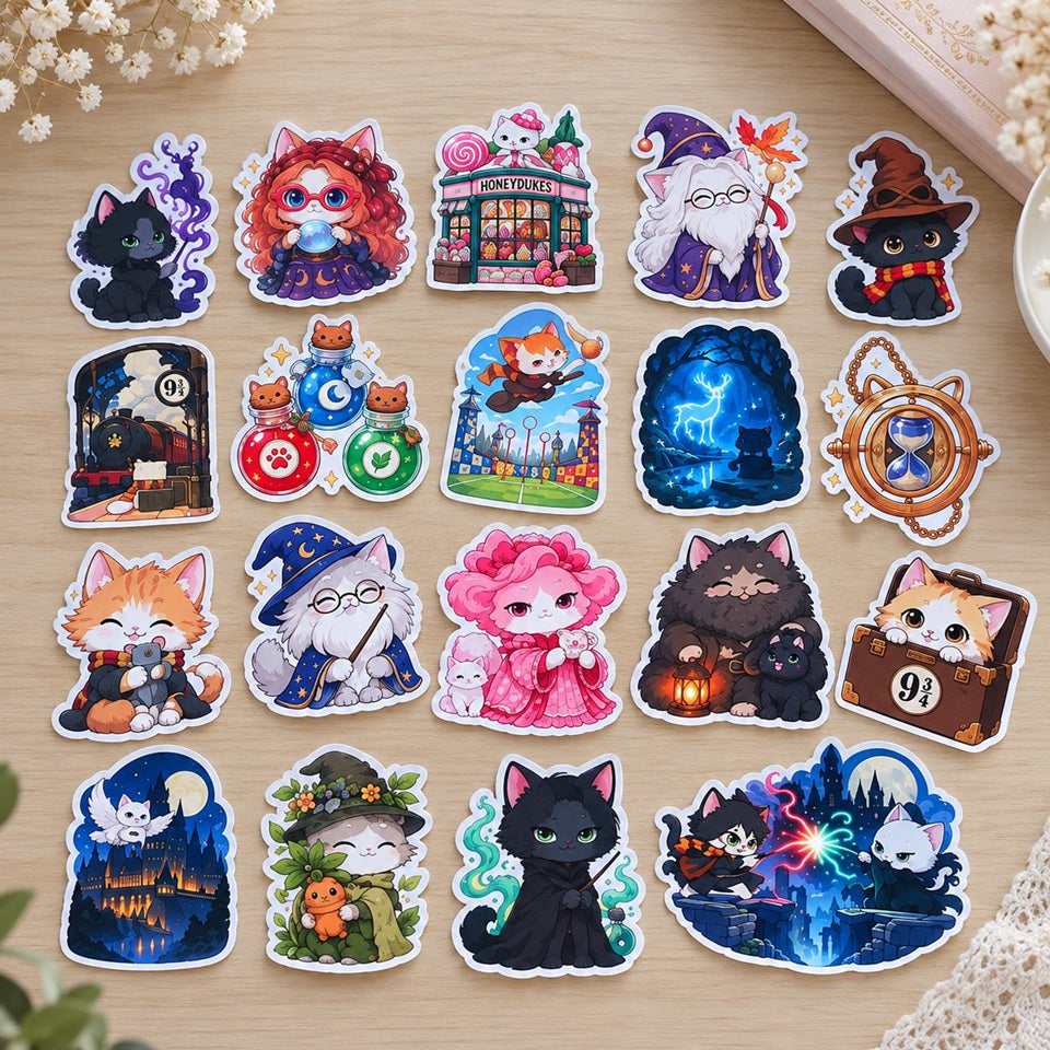 Lot de stickers kawaii inspirés d’un univers de sorciers, avec chats magiciens, potions, château, créatures fantastiques et scènes pleines de magie.