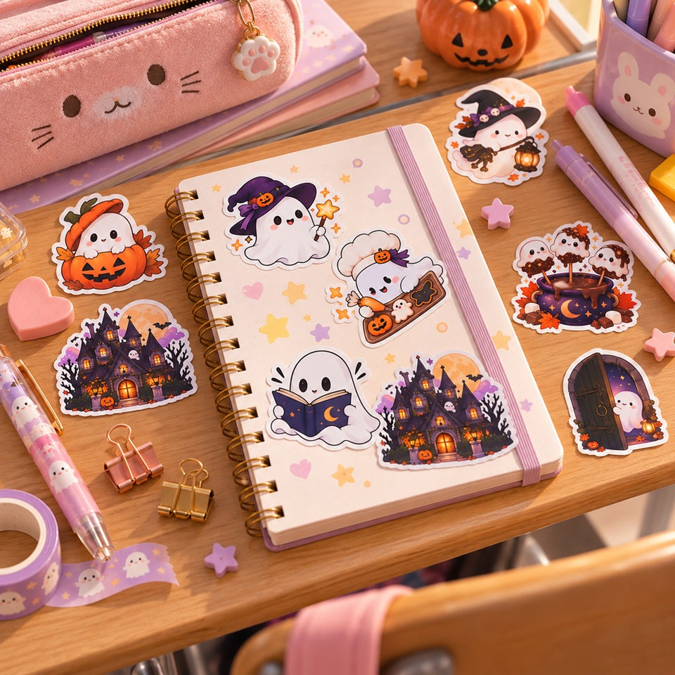 Stickers fantômes kawaii Halloween décorant un carnet et disposés sur un bureau d’écolière avec papeterie pastel, citrouilles et ambiance spooky adorable.