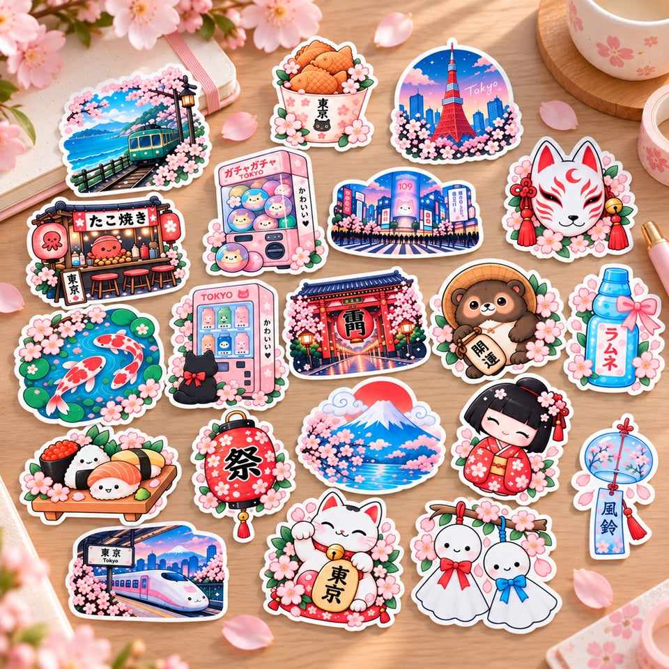 Stickers kawaii inspirés du Japon avec fleurs de sakura, Tokyo, Mont Fuji, maneki neko, kitsune, carpes koï et symboles japonais sur un bureau en bois clair.