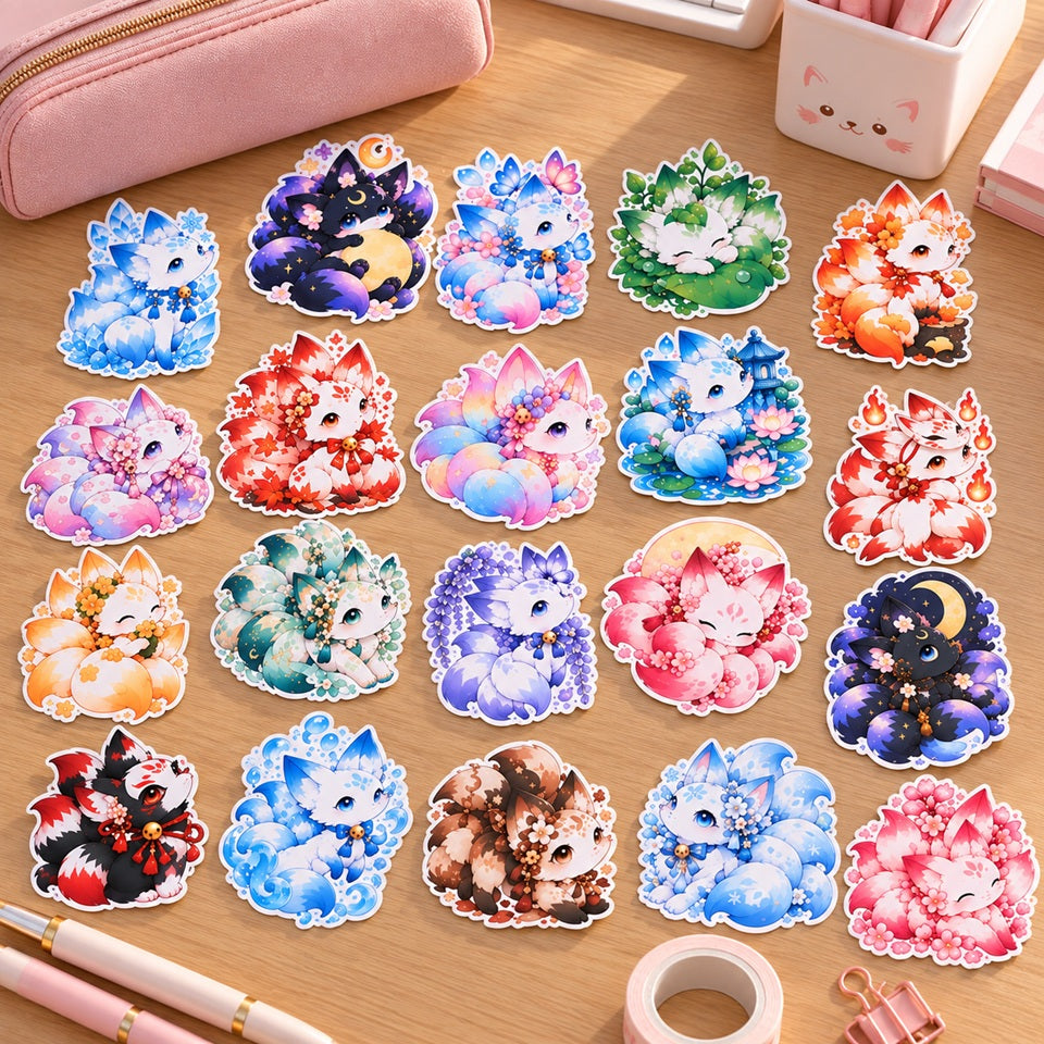 Stickers kitsune kawaii colorés inspirés du Japon, disposés sur un bureau en bois avec fleurs de sakura et accessoires de papeterie rose.