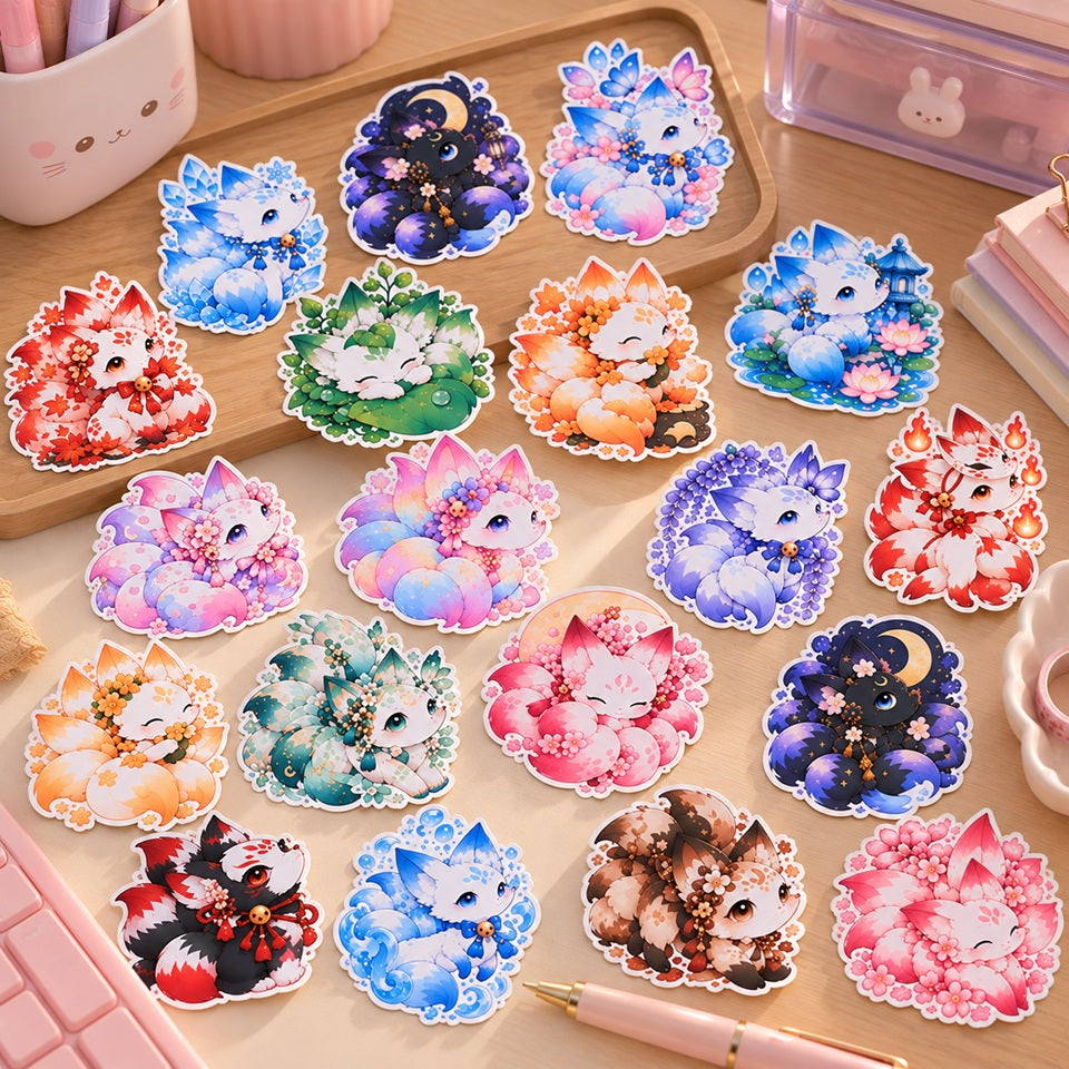 Stickers kitsune kawaii colorés inspirés du Japon, disposés sur un bureau avec accessoires de papeterie pastel rose dans une ambiance douce et créative