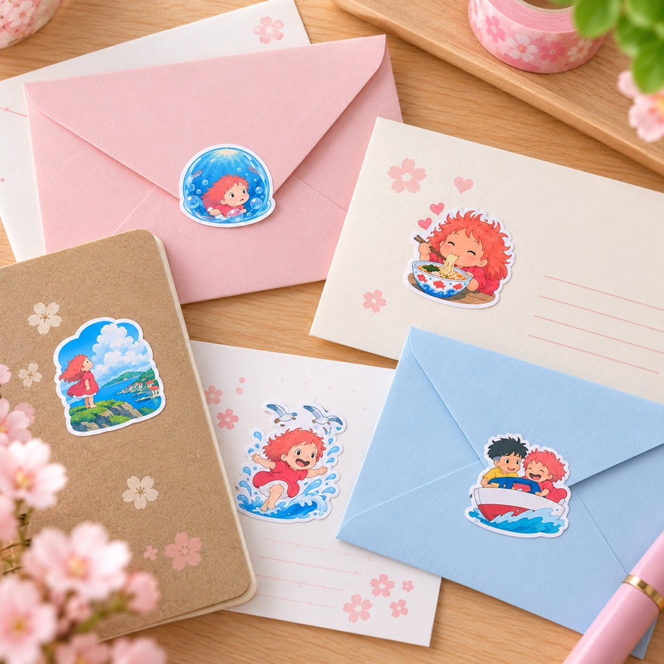 Stickers kawaii inspirés du film Ponyo sur la falaise du Studio Ghibli, collés sur des enveloppes pastel roses et bleues, des cartes et un carnet. Petits autocollants décoratifs représentant Ponyo mangeant des ramen, jouant dans les vagues, naviguant avec Sosuke et admirant la mer. Présentés sur un bureau en bois clair avec des fleurs de sakura et des accessoires de papeterie japonaise, ces stickers mignons sont parfaits pour personnaliser courriers, cartes, agendas et créations de scrapbooking.