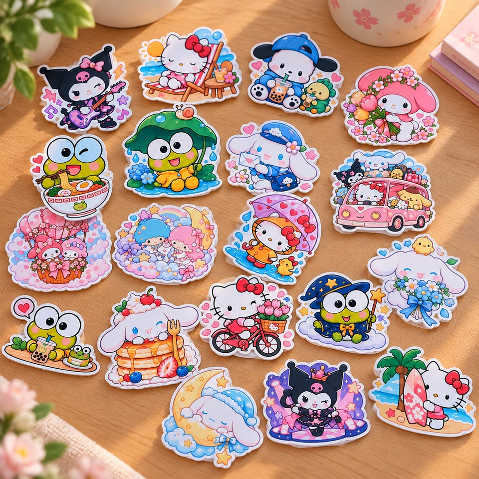 Stickers kawaii Sanrio colorés avec Hello Kitty, Kuromi, Cinnamoroll, My Melody, Pochacco et Keroppi dans des scènes amusantes et adorables.