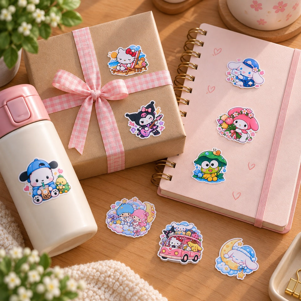 Stickers kawaii Sanrio colorés avec Hello Kitty, Kuromi, Cinnamoroll, My Melody et Keroppi, décorant un cadeau, un carnet et une gourde sur un bureau.
