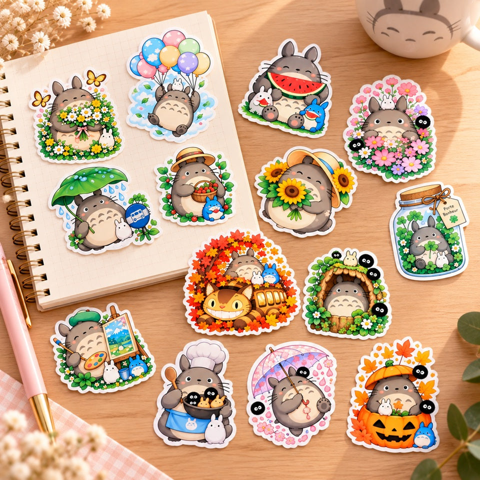 Stickers Totoro kawaii colorés avec fleurs, tournesols, pluie et scènes d’automne, disposés sur un carnet et un bureau en bois clair dans un décor doux et naturel.