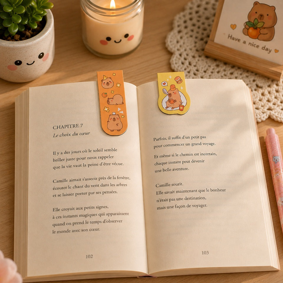 Deux marque-pages magnétiques capybara kawaii, petit et grand format, placés sur les pages d’un livre ouvert dans un décor cosy aux tons pastel.