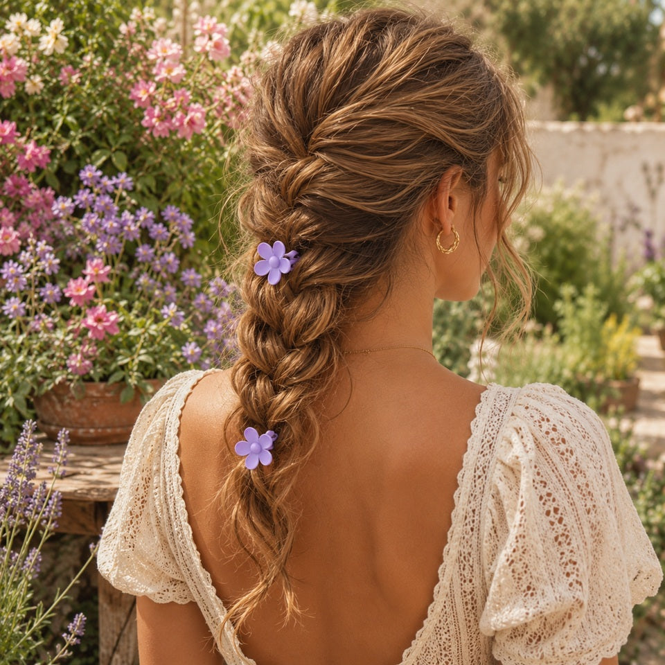 Femme portant deux petites pinces à cheveux en forme de fleurs violettes sur une tresse bohème, photographiée dans un jardin fleuri baigné de lumière naturelle. Accessoires pour cheveux romantiques et colorés, parfaits pour embellir une tresse, une demi-queue ou une coiffure estivale.