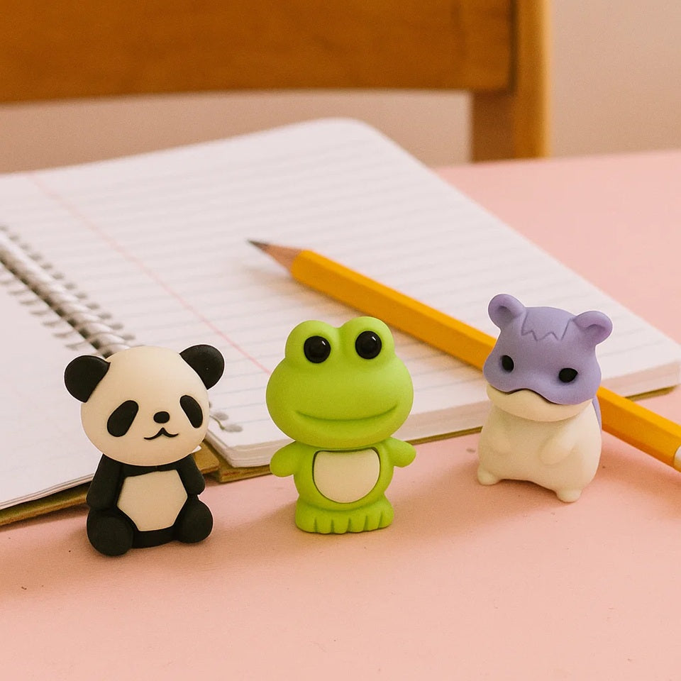 un lot de 5 gommes en forme d'animaux trop mignons : panda, hamster, grenouille, lapin et canard. Rigolotes et fun à utiliser, elles égayent votre bureau !