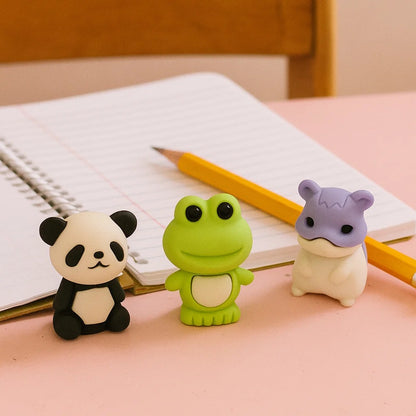 un lot de 5 gommes en forme d'animaux trop mignons : panda, hamster, grenouille, lapin et canard. Rigolotes et fun à utiliser, elles égayent votre bureau !